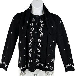Jennifer Moore NWT Women M Black Beaded Snowflake Cardigan Holiday Scarf Sweater